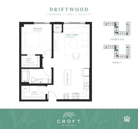 Floor plan for 1 bed, 1 bath, 700 sqft